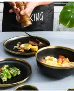 Gilt Rim Black Porcelain Dinner Plates Kitchen Dishes Ceramics Tableware Food Tray Rice Salad Noodles Bowl Cutlery Set – in