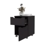 Goldoma Newriver wenge nightstand with drawer and door in a modern bedroom setting