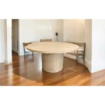60 inch solid wood pedestal dining table in natural and brown two-tone finish