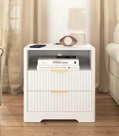 Nightstand with charging station smart bedside table with storage drawers in white