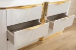 Modern 6-drawer dresser in white with gold drawer handles, featuring eco-friendly wood construction for bedroom storage