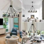 US Stock Free Shipping 31.5'' Black Iron and Wood Farmhouse 10-Light Chandelier Pendant Light for Living Room Porch