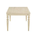 Urban style wired white dining table with turned legs and wood grain finish in a modern home setting