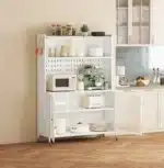 White Tall Storage Sideboard Cabinet for Kitchen Living & Dining Room with Glass Doors & Adjustable Shelves