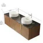 Goldoma vanity with two white ceramic sinks and a plywood cabinet, set in a bright bathroom with natural light and