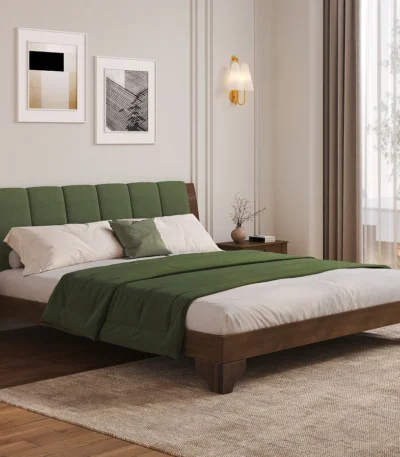 Mid-century modern king bed frame with solid teak wood and tufted walnut green headboard