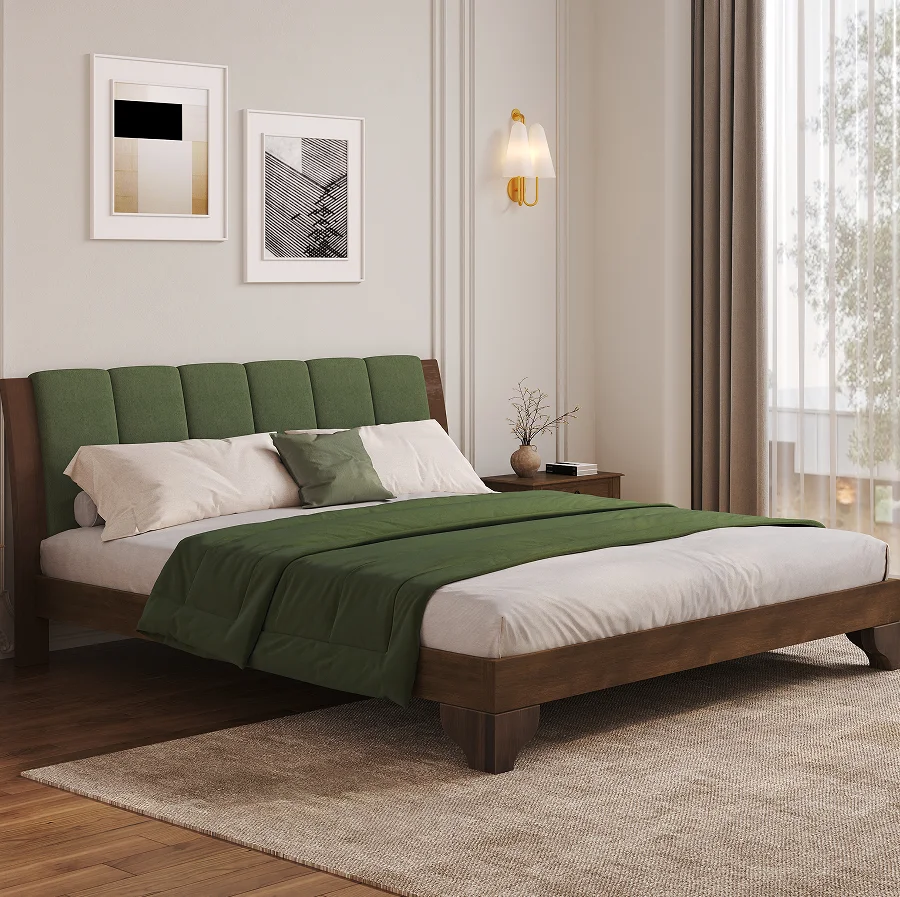 Had3a1ec30e1c4defa3874ae728d07fa6F.webp Mid-century modern king bed frame with solid teak wood and tufted walnut green headboard