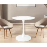 White metal round dining table with glossy finish and pedestal base - Goldoma 32 inch compact dining table for two