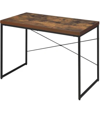 FCJ Solid Wood Writing Desk Weathered Oak and Black with Metal Sled Base Foldable Computer Table for Home Office