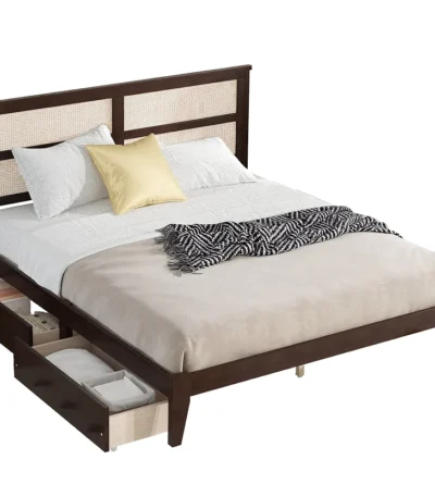 Goldoma king size adjustable bed with storage drawers and oak-finished headboard in modern bedroom