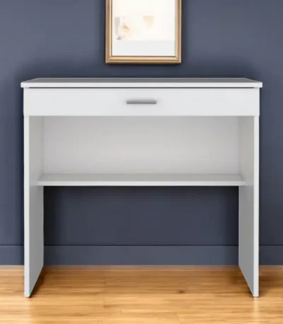 HMS 32" White Wood Computer Desk Modern Simple Design with Shelf and Drawer Adjustable Office Desk Metal and Wooden Material