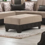Goldoma 48-inch tufted storage ottoman in taupe and espresso faux leather and microfiber, with lift-top storage and button tufting