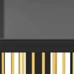 Modern 6-seater dining table with black MDF frame, gold legs, and tempered glass top in a contemporary dining room setting