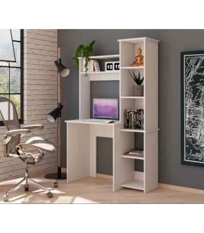 FCJ Five-Shelf Computer Desk with Superior Bookshelf Simple Design White for Office or Living Room Use