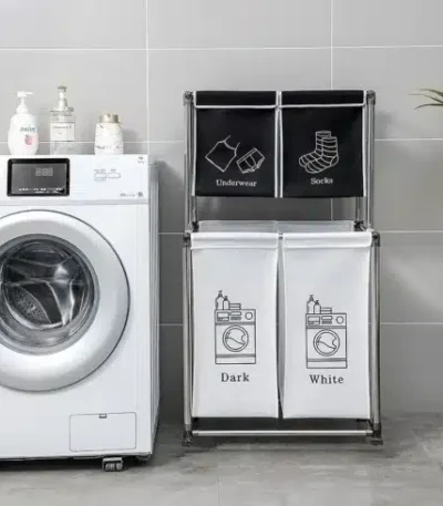 2-Tier Plastic Laundry Hamper with 4 Removable Bags Sorter for Organizing Lights & Dark Clothes FCJ
