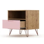 Pink nightstand with wooden frame and metal legs for bedroom storage
