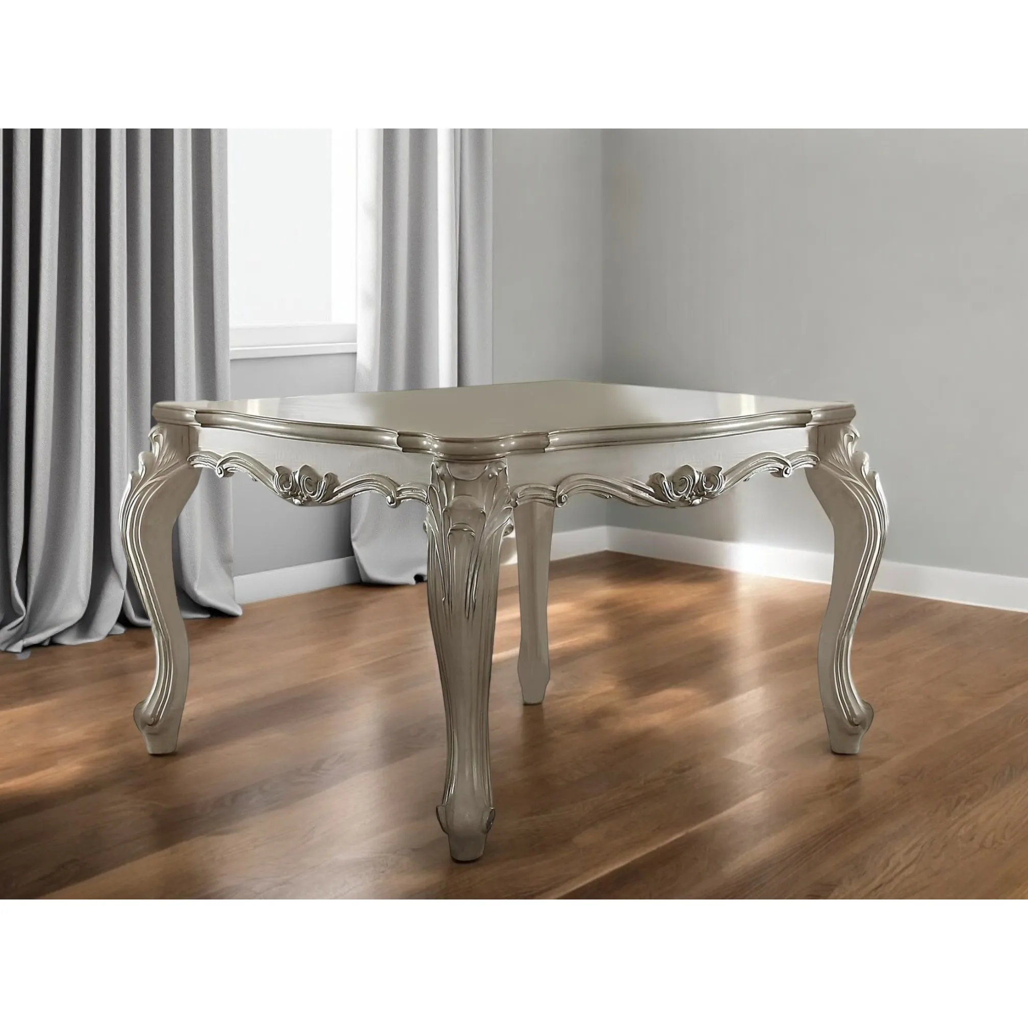 Hae4a5ae876e24a5d99ecaaad5aca6fafc.webp 55-inch antiqued white solid wood dining table seating six in a modern dining room