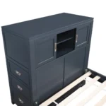 Goldoma Navy Blue Twin Adjustable Platform Bed with storage, bookcase headboard, hidden desk, drawers, and bench