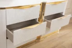 Modern 6-drawer dresser in white with gold drawer handles, featuring eco-friendly wood construction for bedroom storage
