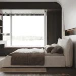 King size platform bed with velvet headboard and metal frame in a modern bedroom