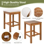5 Piece Modern Eco-Friendly Acacia Wood Outdoor Bar Set with Bar Height Table Four Stools Cushions for Backyard Poolside