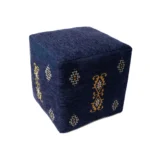 Blue Medallion Pouf Ottoman - Goldoma 18" fabric ottoman with wooden frame, showing blue medallion pattern