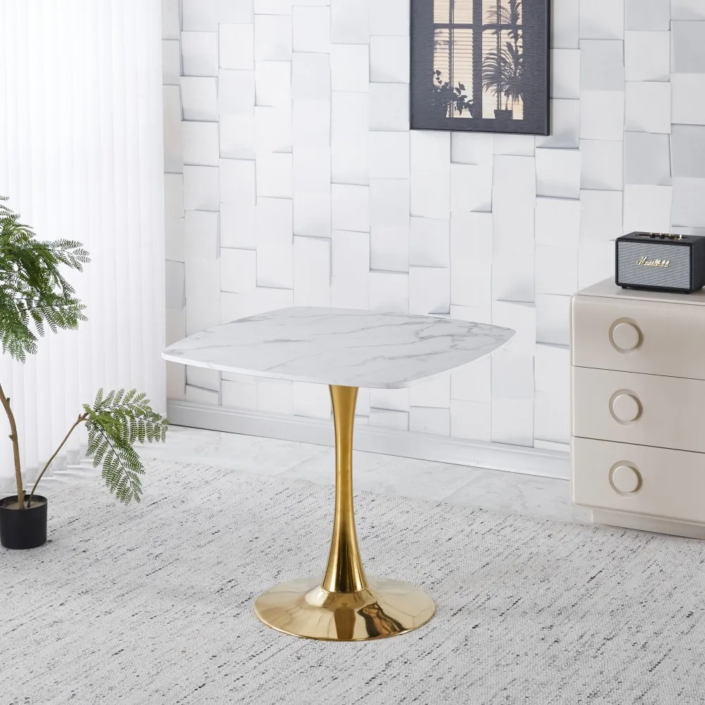 Haecbff13e16e4e6db265622f52d5b94fX.webp Modern square dining table with marble top and gold metal base in a small apartment dining room