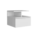 White wall mounted nightstand with drawer and open shelves in modern bedroom, Goldoma floating bedside table