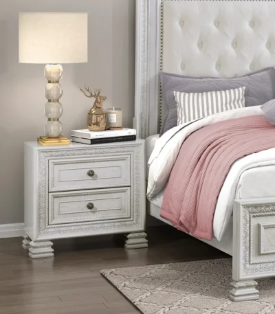 Classic pearl white nightstand with two drawers and carved dart molding design