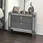 Glam Modern Nightstand with 2 Drawers, Nickel Ring Pulls and Acrylic Trim, Gray – angled view