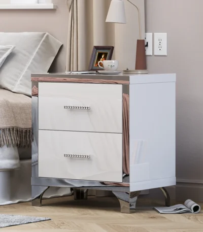 High gloss mirrored nightstand with 2 drawers - modern bedside table in white with stainless steel handles