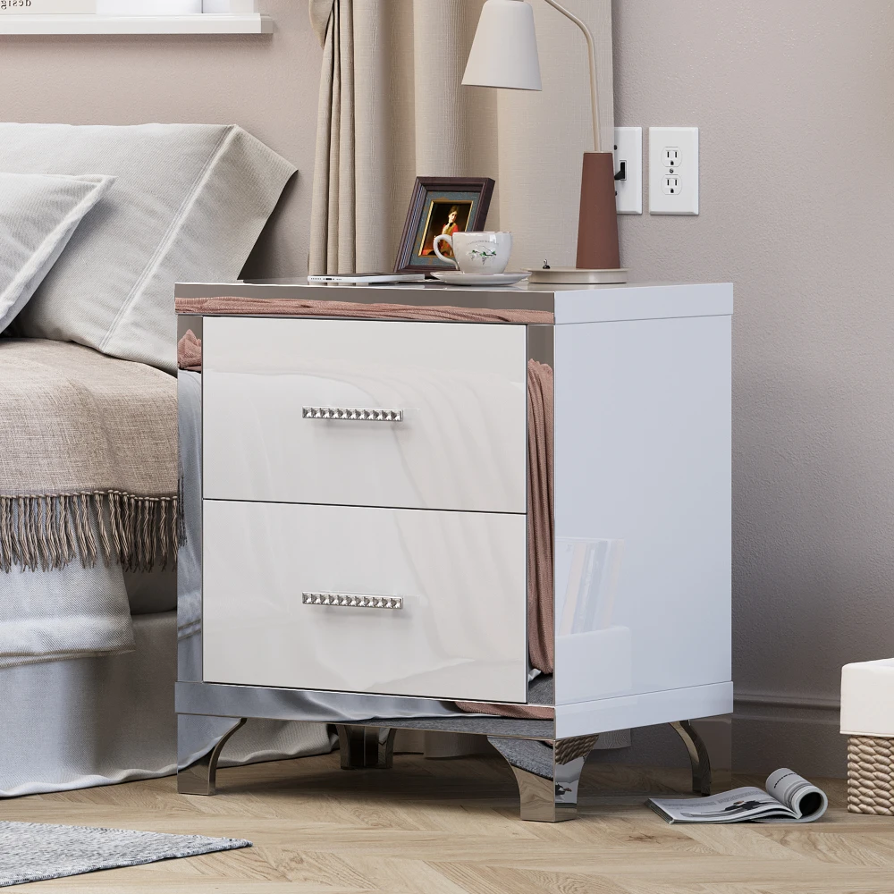 Haf154f0d2bbc475a85088407c914b2dfE.webp High gloss mirrored nightstand with 2 drawers - modern bedside table in white with stainless steel handles