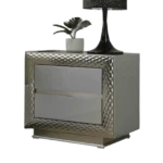 Modern gray nightstand with felt lined top drawer and silver molding plinth base - Goldoma bedroom furniture