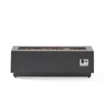 Outdoor propane fire pit in dark grey rectangular iron with glowing flames