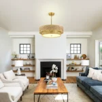 17.7 Inch Woven Rattan Linen Semi Flush Mount Ceiling Light Fixture, Modern Boho Drum Lamp, Farmhouse Gold Wicker Chandelier