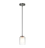 Dual glass mini pendant light in brushed nickel, shown dimly lit to highlight the warm glow through clear glass.
