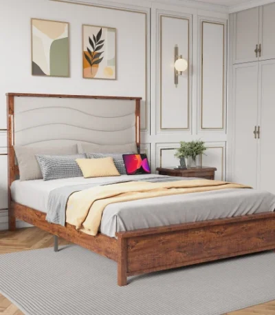 Goldoma queen bed frame with upholstered headboard, charging station, and LED lights in beige linen