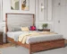 Queen Size Bed Frame with Upholstered Headboard, Charging Station, LED Lights, Wood Slats, Beige Linen