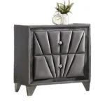 Modern fully upholstered fabric nightstand in gray velvet with glass top, acrylic knobs, and chrome legs