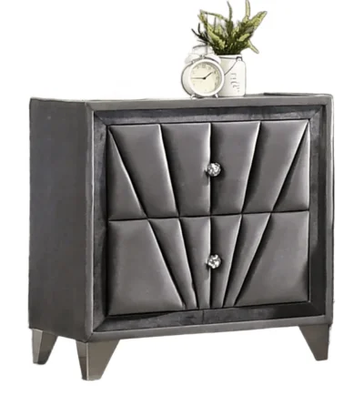 Modern fully upholstered fabric nightstand in gray velvet with glass top, acrylic knobs, and chrome legs