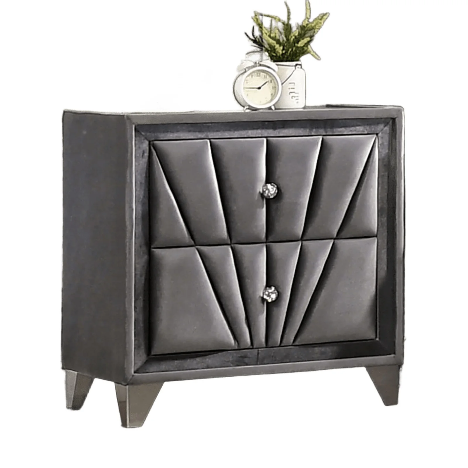 Fully Upholstered Fabric Nightstand with Acrylic Knobs and Glass Top