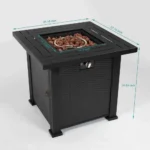28-inch propane fire pit table with black steel square design on patio