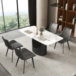 Modern marble texture dining table with sintered stone top and black metal base – Goldoma rectangular dining table