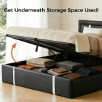 Goldoma full size lift up storage bed with adjustable LED lights and faux leather headboard in modern bedroom setting
