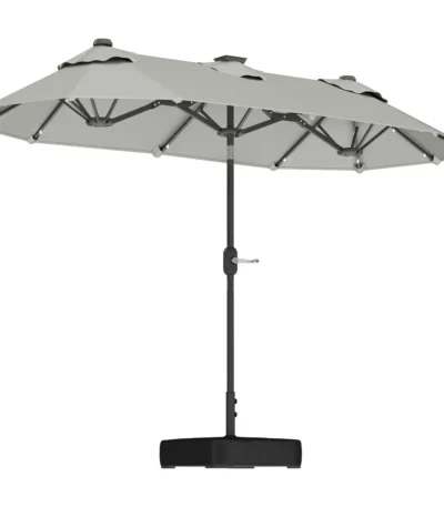 Gray cantilever offset patio umbrella providing shade over outdoor dining set