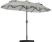 Gray cantilever offset patio umbrella providing shade over outdoor dining set