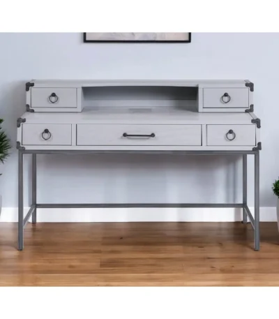 HMS 54" Gray Solid Wood Writing Desk with Five Drawers Portable and Adjustable Computer Table for Office Use