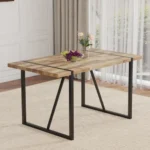 Minimalist rectangular dining table with textured MDF wood top and black metal legs
