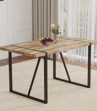 Minimalist rectangular dining table with textured MDF wood top and black metal legs