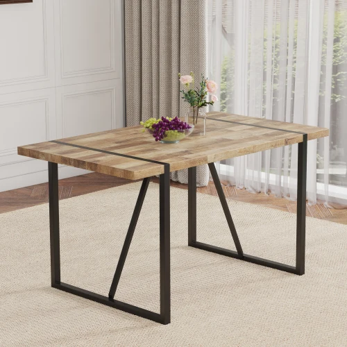 Hb0ef39e3ae81444aa5012140dcd44a31V.webp Minimalist rectangular dining table with textured MDF wood top and black metal legs
